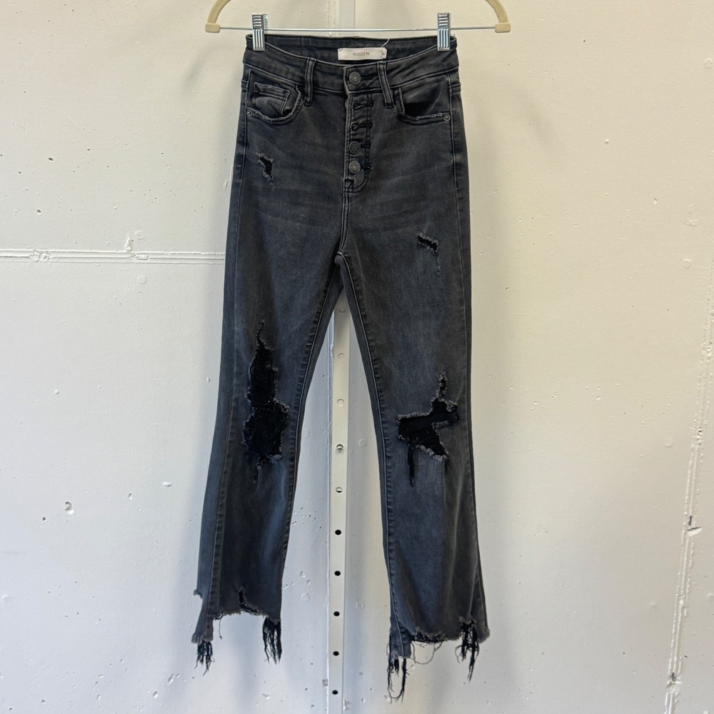 Hidden LA Jeans Gray High Rise Distressed Frayed Hem Button Fly Cropped Jeans 25